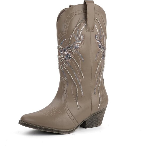 Women's Khaki Mid Calf Western Pointed Toe Embroidered Chunky Heel Cowgirl Boots - Picture 5 of 6